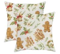 Set di 2 federe per cuscini natalizie, motivo omino di pan di zenzero e campane natalizie, decorazione invernale per casa, divano, letto, 35,5 x 35,5 cm