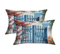 Set di 2 federe per cuscini per cancello, stile mediterraneo, rustico, con fiori e rampicanti, in morbido velluto blu, lavabile, decorazione per soggiorno, appartamento, letto, divano, 50 x 30 cm