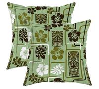 Set di 2 federe per cuscini Tiki con ibisco tropicale retrò, foglia di palma verde estate con cerniera nascosta, per soggiorno, appartamento, letto, divano, decorazione 55 x 55 cm