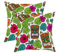 Set di 2 federe per cuscini Tiki con ibisco tropicale vivace e monstera, in morbido velluto verde, lavabile, per casa, soggiorno, camera da letto, dormitorio, divano, decorazione 50 x 50 cm