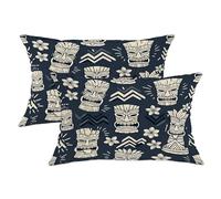 Set di 2 federe per cuscini Tiki, motivo tropicale bohémien floreale a zigzag, blu navy, con cerniera nascosta, federe decorative per soggiorno, appartamento, letto, divano, 50 x 30 cm