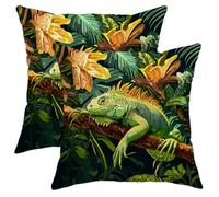 Set di 2 federe per cuscini tropicali con iguana verde e floreale, decorative per l'estate, per casa, divano, camera da letto, 50 x 50 cm