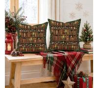 Set di 2 federe per cuscini vintage a tema libreria, 40,6 x 40,6 cm | Stile vintage, federe per cuscini, tema biblioteca, verde stagionale, decorazione tradizionale per la casa