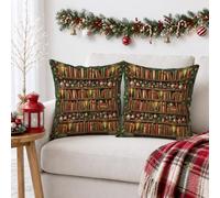 Set di 2 federe per cuscini vintage a tema libreria, 50 x 50 cm | Stile vintage, federe per cuscini, tema biblioteca, verde stagionale, decorazione tradizionale per la casa