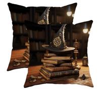 Set di 2 federe per cuscino a forma di libro con cappello magico, luce per sala studio, motivi artistici in legno, velluto marrone, confortevole, decorativo, morbido per camera da letto