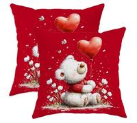 Set di 2 federe per cuscino a forma di orso, simpatici fiori a cuore, San Valentino, colore rosso con chiusura nascosta, federe per cuscino per soggiorno, appartamento, letto, divano, decorazione 22 x