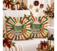 Set di 2 federe per cuscino a tema pan di zenzero, 45 x 45 cm | Accenti di omino di pan di zenzero, federe per cuscini, motivi di bacche di agrifoglio, sfondo sunburst