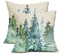 Set di 2 federe per cuscino con albero verde e acquerello stile rustico con stampa foresta della natura cuscini decorativi per l'inverno Natale quadrato in lino per casa divano letto all'aperto