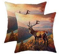 Set di 2 federe per cuscino con alci, bosco naturale, alberi autunnali, fauna selvatica, lago, arancione, morbido velluto, lavabile, decorativo, per esterni, camera da letto, divano, ufficio, 45,7 x