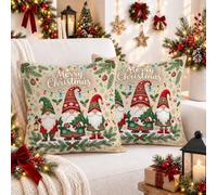 Set di 2 federe per cuscino con gnomi e scritta Merry Christmas, 45,7 x | Fantasiosi gnomi, federe per cuscini, sceneggiatura festiva, accogliente atmosfera invernale, accenti stagionali per la casa