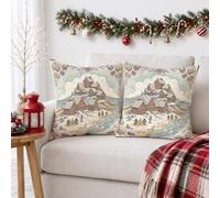 Set di 2 federe per cuscino con paesaggi invernali, 55 x 56 cm | Figure di pan di zenzero, federe per cuscini, paesaggio innevato, scena costiera, trama tessuta, accenti stagionali per la