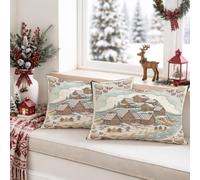 Set di 2 federe per cuscino con paesaggio, 30,5 x 50,8 cm | Figure di pan di zenzero, federe per cuscini, paesaggio innevato, scena costiera, trama tessuta, accenti stagionali per la
