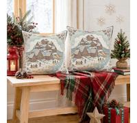 Set di 2 federe per cuscino con paesaggio, 35,5 x 35,5 cm | Figure di pan di zenzero, federe per cuscini, paesaggio innevato, scena costiera, trama tessuta, accenti stagionali per la