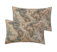 Set di 2 federe per cuscino con stampa di mappa del mondo antica macchiata, 30 x 50 cm, in lino, federe decorative per cuscini