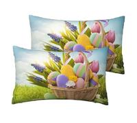 Set di 2 federe per cuscino con stampa di uova di Pasqua, 30 x 50 cm, in lino, decorative