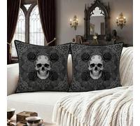 Set di 2 federe per cuscino con teschio gotico e rosa, 50 x 50 cm | Motivo floreale gotico, federe per cuscini, filigrana ornata, tema romantico scuro, accenti per la casa