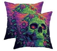Set di 2 federe per cuscino con teschio, scheletro trippy, fiore, horror, grunge, alla moda, hippy, verde, viola, in morbido velluto, decorative, per ufficio, soggiorno, camera da letto, divano, 45,7