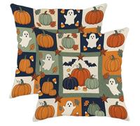 Set di 2 federe per cuscino con zucche di Halloween, fantasma, patchwork | Motivo patchwork, federe per cuscini, fantasmi fantasiosi, tema raccolto autunnale, accenti stagionali per il soggiorno