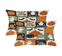 Set di 2 federe per cuscino con zucche di Halloween, fantasma, patchwork | Motivo patchwork, federe per cuscini, fantasmi fantasiosi, tema raccolto autunnale, accenti stagionali per il soggiorno