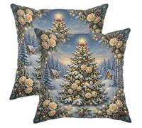Set di 2 federe per cuscino, motivo albero di Natale e rose, 56 x 56 cm