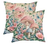 Set di 2 federe quadrate per cuscini a forma di fungo, con cerniera nascosta, ispirate alla natura, con farfalla e fiori primaverili, con cerniera nascosta, per soggiorno, camera da letto, loft
