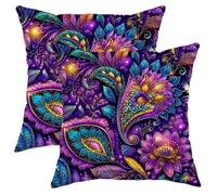 Set di 2 federe quadrate per cuscini con motivo floreale, bohémien vibrante foglia pavone estate viola con cerniera nascosta, per soggiorno, camera da letto, loft, ufficio, auto, decorazione 50 x 50