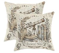 Set di 2 federe quadrate per cuscini con telescopio, libri astrologici vintage, beige, con cerniera nascosta, per soggiorno, appartamento, letto, divano, decorazione 50 x 50 cm