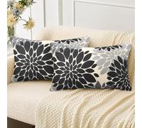 Set di 2 Fodere per Cuscini 30x50 Copricuscini Arredo Casa Motivo Dalia Floreale Fodere per Cuscini Decorativi in Lino Copricuscini Quadrati Astratto Federe per Cuscini del Divano, Nero e Grigio