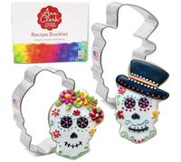 Set di 2 formine per biscotti a forma di teschio di zucchero, realizzate negli Stati Uniti da Ann Clark, teschio di zucchero con fiori e teschio di zucchero con cappello a cilindro