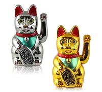 Set di 2 Gatti Che Salutano - Maneki-Neko Gatto Porta-Fortuna Che si Muove - Statuetta da Ufficio - Oggetti Simpatici - Idea Regalo Addio Collega (Set di 2#1)