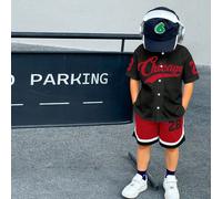 Set di 2 giacca e pantaloncini casual sportivi con motivo a lettera per ragazzi giovani, stile cardigan e giubbino da baseball, adatto per bambini, set di abiti per bambino che torna a scuola, adatto 