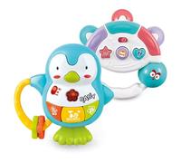 Set di 2 Giocattoli Musicali per Bambini - Pinguino e Tamburello con Luci, Suoni e Texture - Sonagli Educativi e Interattivi dai 6 Mesi in su