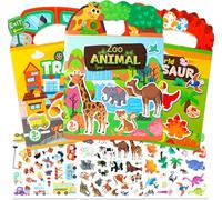 Set di 2 grandi adesivi riutilizzabili, adesivi impermeabili per bambini | Giochi da viaggio, adesivi 3D lavabili, dinosauri e animali, giocattolo educativo sensoriale, regalo per ragazzi e ragazze