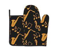 Set di 2 guanti da forno e presine con note musicali, per cucinare, barbecue, cucina, idea regalo per chef, amanti, mamma