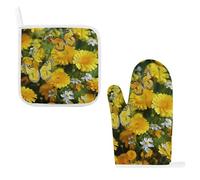 Set di 2 guanti da forno e presine in cotone spesso personalizzato, guanti da barbecue per cucinare e cuocere griglia, camino, fornace, stufa, graziose farfalle gialle e margherite stampate guanto da