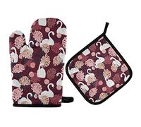 Set Di 2 Guanti Da Forno E Presine Swan On Maroon Maroon Flower Guanti Da Cucina Resistenti Calore Cotone Fodera Set Di Presine Da Cucina, Per Forno A Microonde, Barbecue, Pasqua