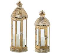 Set di 2 lanterne portacandele in metallo dorato 21x21x58 cm