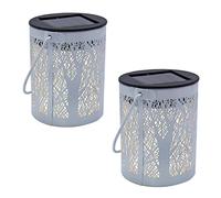 Set di 2 lanterne solari bianche in metallo, motivo: albero foresta, gioco di luce LED bianco caldo, altezza 18 cm