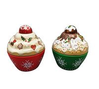 Set di 2 lattine in forma di cupcake rosse e verdi, con graziosi coperchi decorati con motivi notturni, Dimensioni: 8 x 8 cm, Volume: 120 ml
