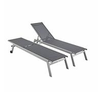 Set di 2 lettini prendisole in alluminio e textilene multiposizione, Elsa, Grigio, 191x55x94 cm