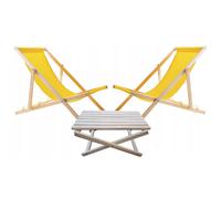 Set di 2 lettini + tavolino da giardino, giallo, legno, pieghevole