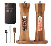 Set di 2 macinini per sale e pepe, in legno, ricaricabili, manuali, con anima in ceramica regolabile e finestra in acrilico visibile, per pepe nero, sale, spezie