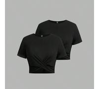 Set di 2 magliette a maniche corte casual, comode e versatili per la primavera e l'estate, in nero e a righe, adatte a donne curvy, stile Y2K, per uscire, crop top, vacanze, estate europea, casual bus