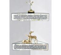 Set di 2 mensole angolari galleggianti a specchio, triangolari da 30 cm, color argento, con diamanti schiacciati, per decorazione domestica, display Art Deco con diamanti in cristallo, per soggiorno e
