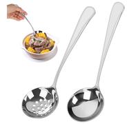Set di 2 Mestolo Cucina, Set di Mestoli e Cucchiaio Scanalato, 20cm Cucchiai Monoblock Lucidatura Acciaio Inox, Lavabili in Lavastoviglie, Ideale per Fonduta, Brodi e Zuppe
