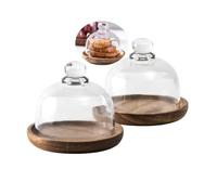 Set di 2 mini alzate per torte, con cupola, 10,2 cm, in legno, con copertura a cupola in vetro da 8,3 cm, con coperchio, supporto per torte con base, supporto per dessert