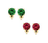 Set Di 2 Orecchini A Clip Con Pietre Preziose Simulate Taglio Brillante 2CT Smeraldo Verde E Rubino Rosso Solitario In Zirconia Cubica CZ Rotonda Per Donne Senza Foro In Ottone Placcato Oro E Argento