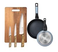 Set di 2 padelle Ø20Ø26 cm alluminio pressato colore blu + 3 manici in acciaio inox + tagliere 40 x 25 cm NOIA San Ignacio