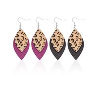 Set di 2 paia di orecchini con motivo leopardato in pelle, orecchini con ciondolo, orecchini con stampa animale, gioielli vintage da donna a doppio strato, orecchini a forma di foglie di moda., Pelle