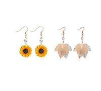 Set di 2 paia di orecchini pendenti autunnali in filigrana con foglie d'acero, in resina, girasole, set di collana e collana con perle finte per il Ringraziamento per le donne, Zinco, lega di zinco.